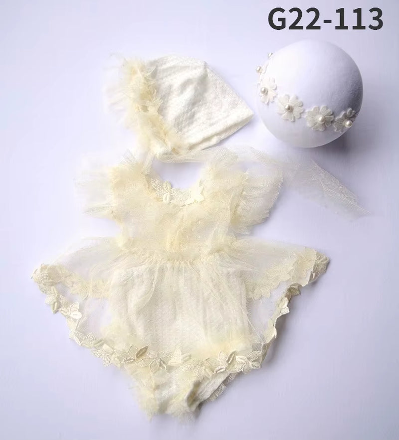 0-3Month Baby Newborn Photography Props Baby Hat Baby Girl Lace Romper Bodysuits Outfit Photography Clothing
