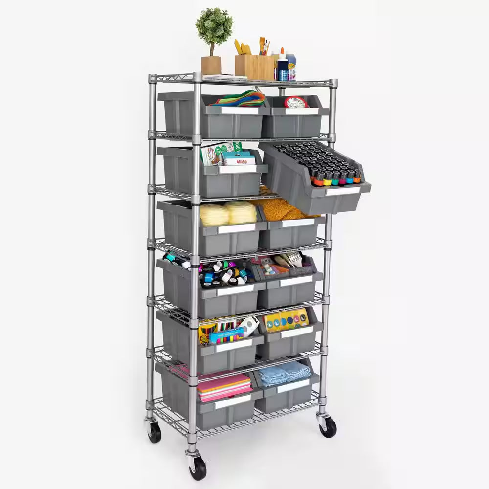 7-Tier Commercial NSF Certified 12-Bin Rack Storage System Shelving in Silver/Gray (24 In. W X 56 In. H X 14.25 In. D)