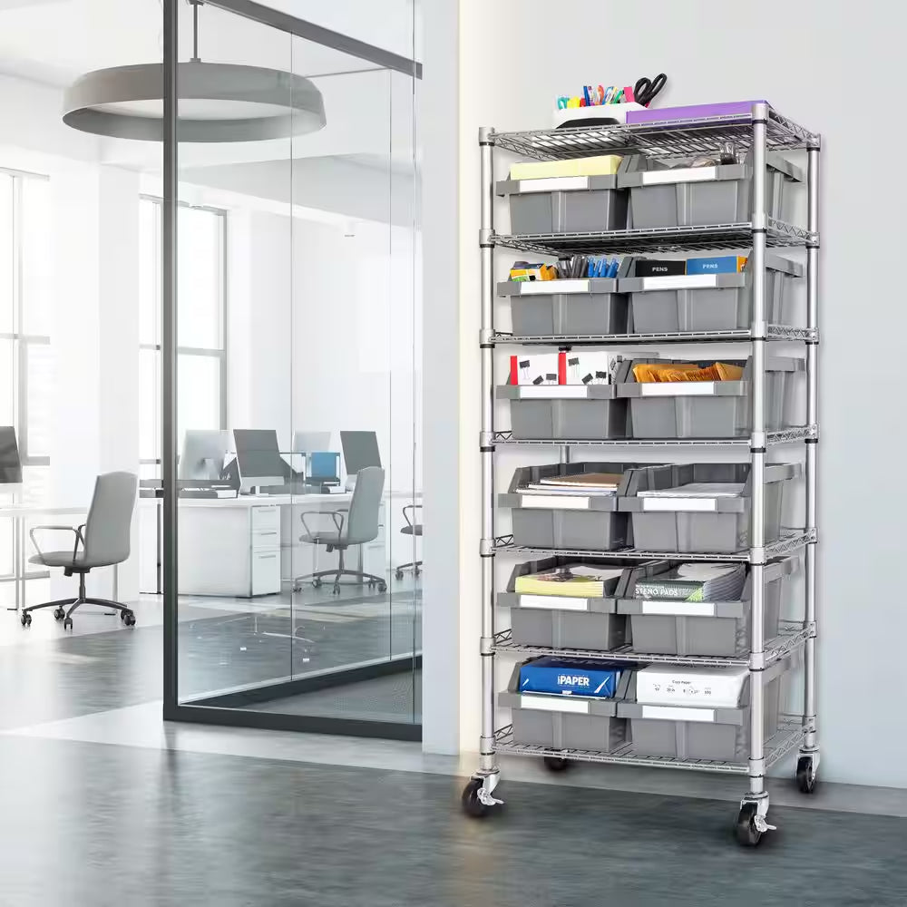 7-Tier Commercial NSF Certified 12-Bin Rack Storage System Shelving in Silver/Gray (24 In. W X 56 In. H X 14.25 In. D)