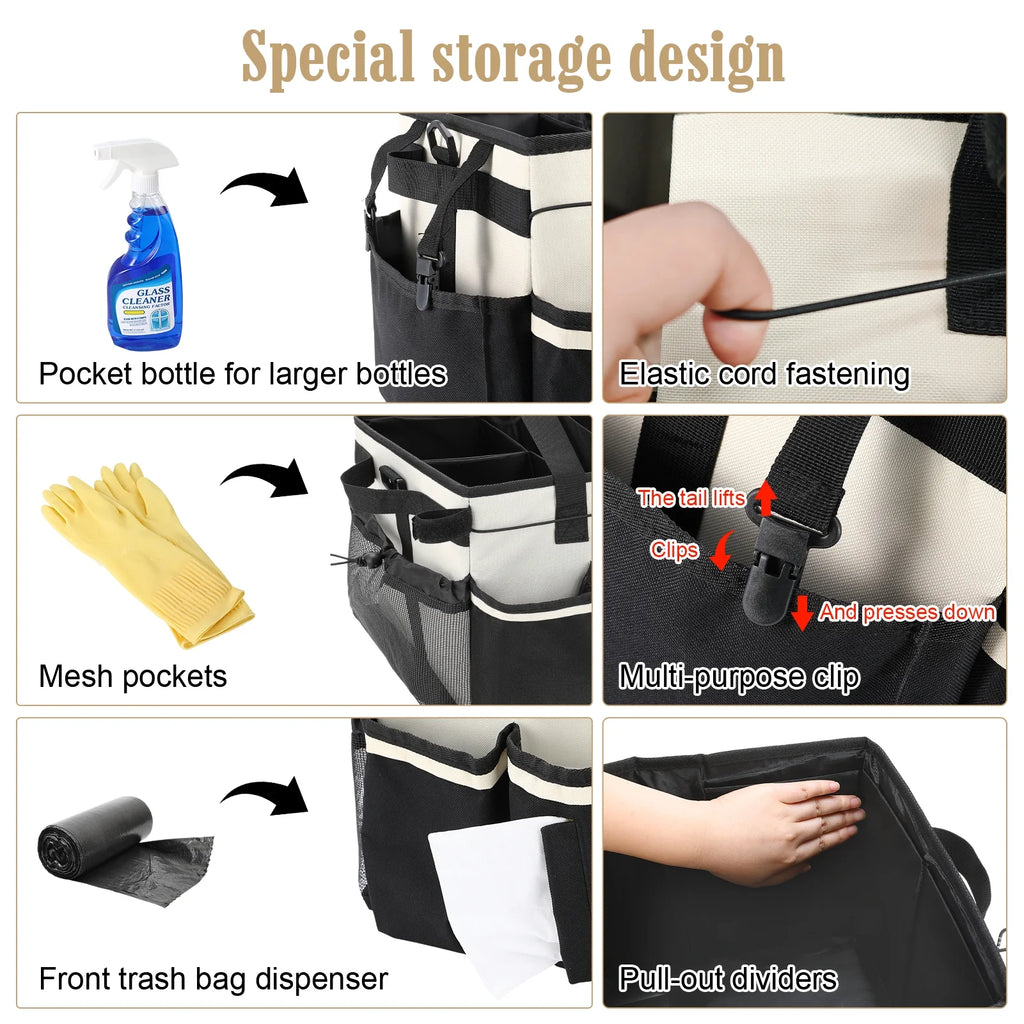 Large Cleaning Caddy Bag, Detailing Bag Car Organizer Caddy with Multi Pockets, Wearable Cleaning Supply Trunk Organizer Buckets for Car Accessories, Cleaners