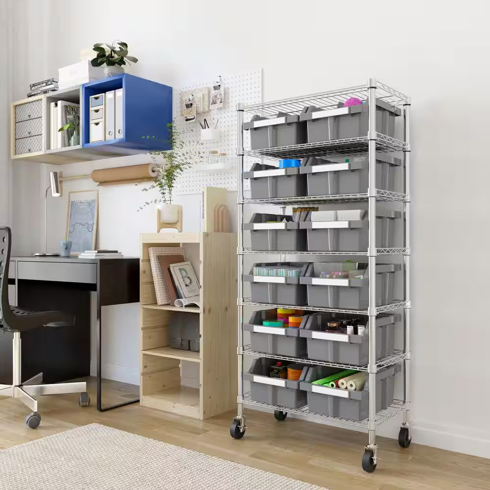 7-Tier Commercial NSF Certified 12-Bin Rack Storage System Shelving in Silver/Gray (24 In. W X 56 In. H X 14.25 In. D)