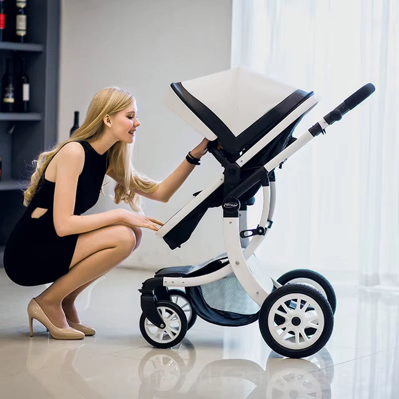 Leather 2 in 1 Baby Stroller,Two Way Stroller,Car Seat Newborn Bassinet,Travel White Folding Baby Stroller,Baby Carriage Pram