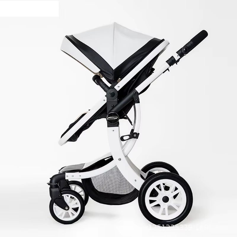 Leather 2 in 1 Baby Stroller,Two Way Stroller,Car Seat Newborn Bassinet,Travel White Folding Baby Stroller,Baby Carriage Pram