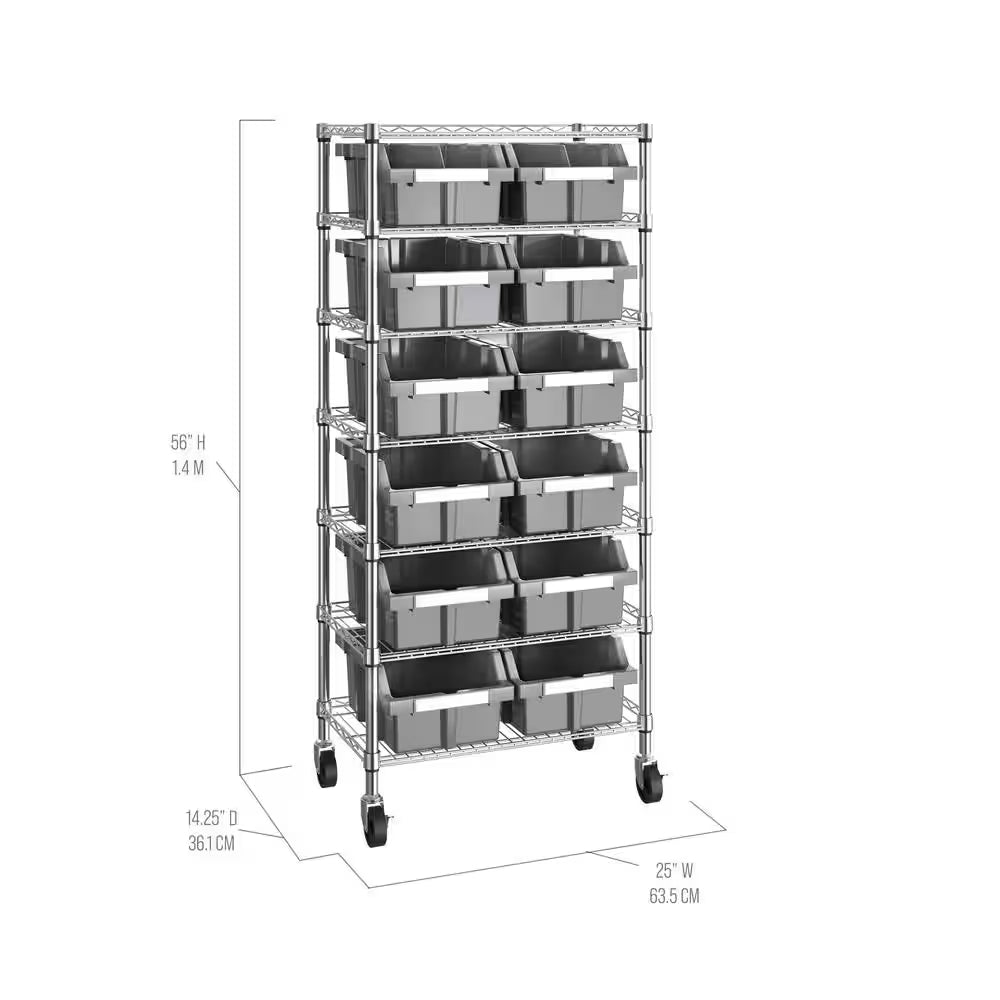 7-Tier Commercial NSF Certified 12-Bin Rack Storage System Shelving in Silver/Gray (24 In. W X 56 In. H X 14.25 In. D)
