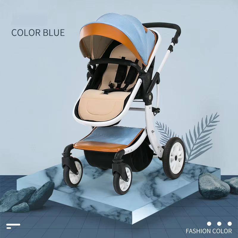 Leather 2 in 1 Baby Stroller,Two Way Stroller,Car Seat Newborn Bassinet,Travel White Folding Baby Stroller,Baby Carriage Pram