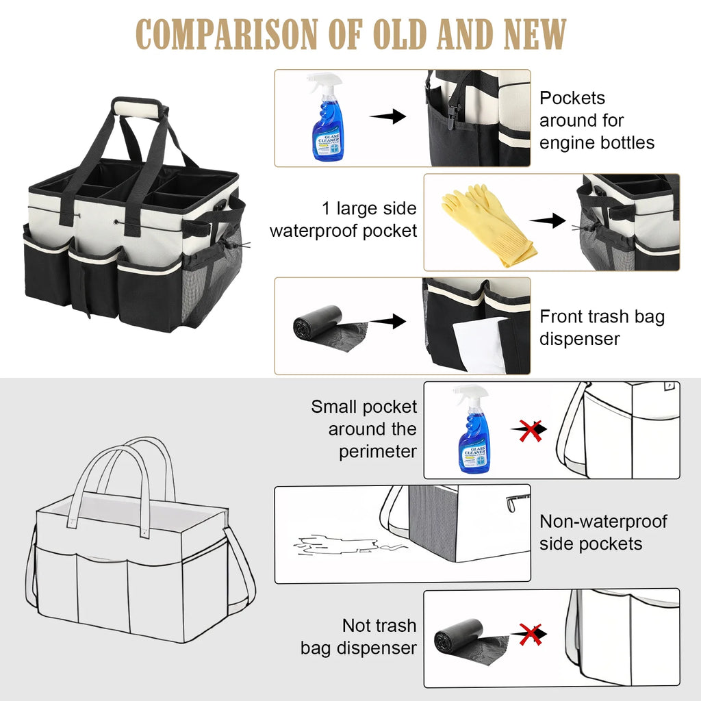 Large Cleaning Caddy Bag, Detailing Bag Car Organizer Caddy with Multi Pockets, Wearable Cleaning Supply Trunk Organizer Buckets for Car Accessories, Cleaners